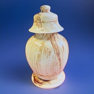 Vintage Studio Pottery Marbled Ginger Jar Vase Cream Brown Swirl 10" Lid